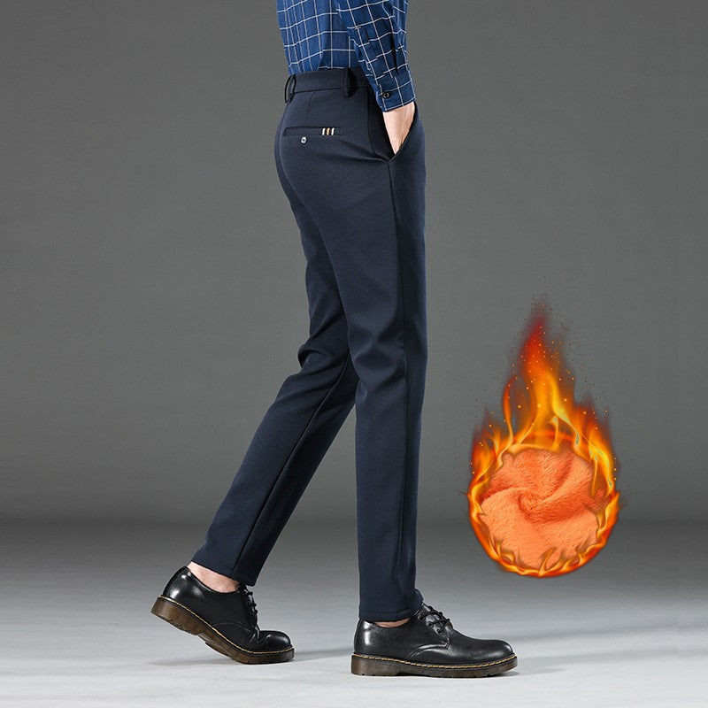 Winter Warm Men's Fleece Plush Pants Business Fashion Classic Style Black Blue Thick Warm Stretch Trousers Male Brand Clothing