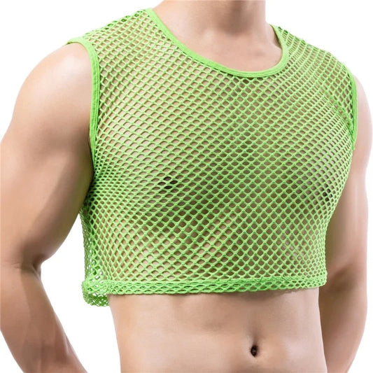 Mens Transparent Fishnet Crop Top Sexy Mesh Hollow Out Tank Tops Gym Fitness Sleeveless Undershirts T-shirts Nightclub Mini Vest