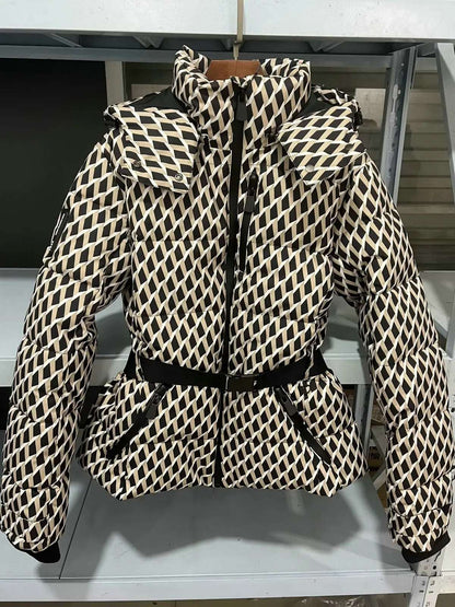 Women's Winter Hooded High Waist Padded Sport Parkas Coats with Belt Female Elegant Thick Warm Pockets Windproof Skiing Jackets