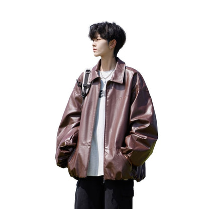 Trend Men's Faux Leather Jacket Autumn Winter Fashionable Solid Color Standing collar PU Leather Biker Jacket Handsome Men Coat