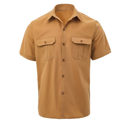 New 2025 Men's Summer Short Sleeve Solid Safari Shirt Loose Casual Cargo Shirt Double Pocket Lapel Button-up Men Work Shirt Tops
