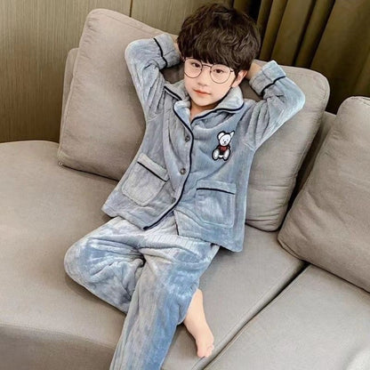 Boys Autumn Winter Thickened Flannel Coral Fleece Pajama Set Warm Kids Sleepwear Homewear