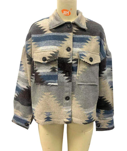 Vintage Jacket Women Splicing Loose Jacket Denim Print Aztec Retro Ethnic Style Long Sleeved Shirt Streetwear Female Goth Coat