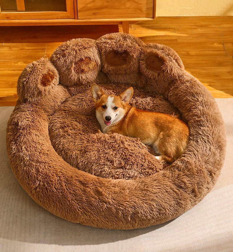 Cama Calmante em Formato de Pata para Pets, Cama de Rosca de Pelúcia Sintética para Cães e Gatos, Lavável à Máquina, Base Antiderrapante