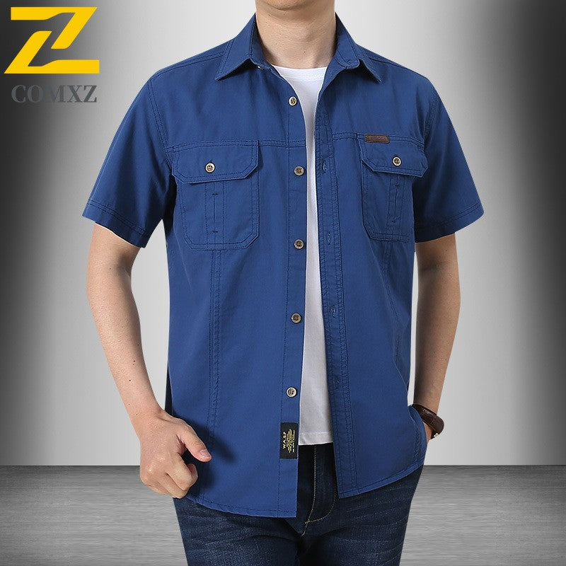 Summer Cargo Shirt Men's Casual Retro Cotton Pocket Short Sleeve Coat plus size Outdoor Camping Fishing Sweat Absorbing Shirt