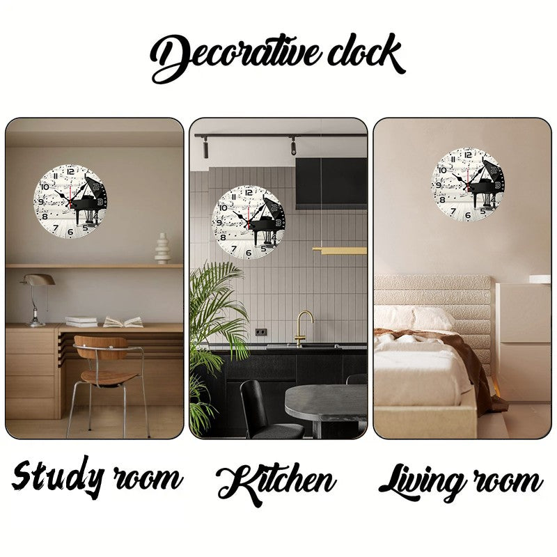 Elegant Piano Notes Wooden Round Silent Hanging Wall Clock, Suitable For Living Room,Office,Study Room, Bedroom, Home Decoration