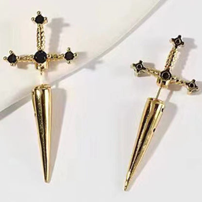 Brincos de pino de espada cruzada de Hip Hop para mulheres Clássico Pedra de cristal preta Ouro prata Boi Cor preta Personalidade Joias simples