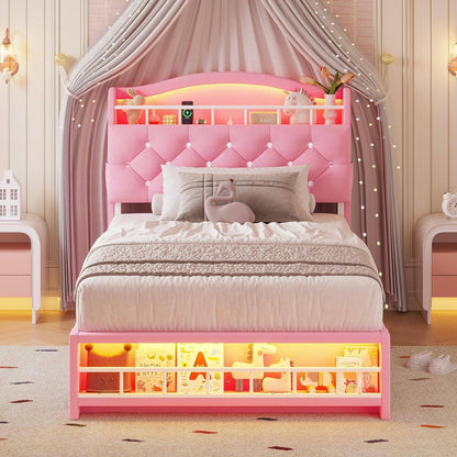 Cama de Solteiro com Estrutura de LED, Cama Plataforma Estofada em Veludo Princesa para Meninas, Cabeceira com Estação de Carregamento
