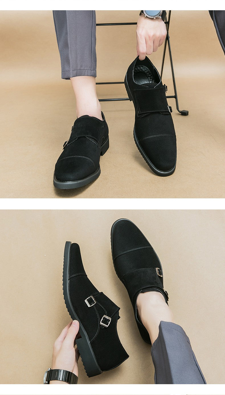 New Brown Loafers Flock Double Buckle Monk Shoes Black Square Toe Slip-On Business Men Dress Shoes Size 38-46 Free Shipping