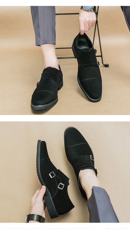 New Brown Loafers Flock Double Buckle Monk Shoes Black Square Toe Slip-On Business Men Dress Shoes Size 38-46 Free Shipping