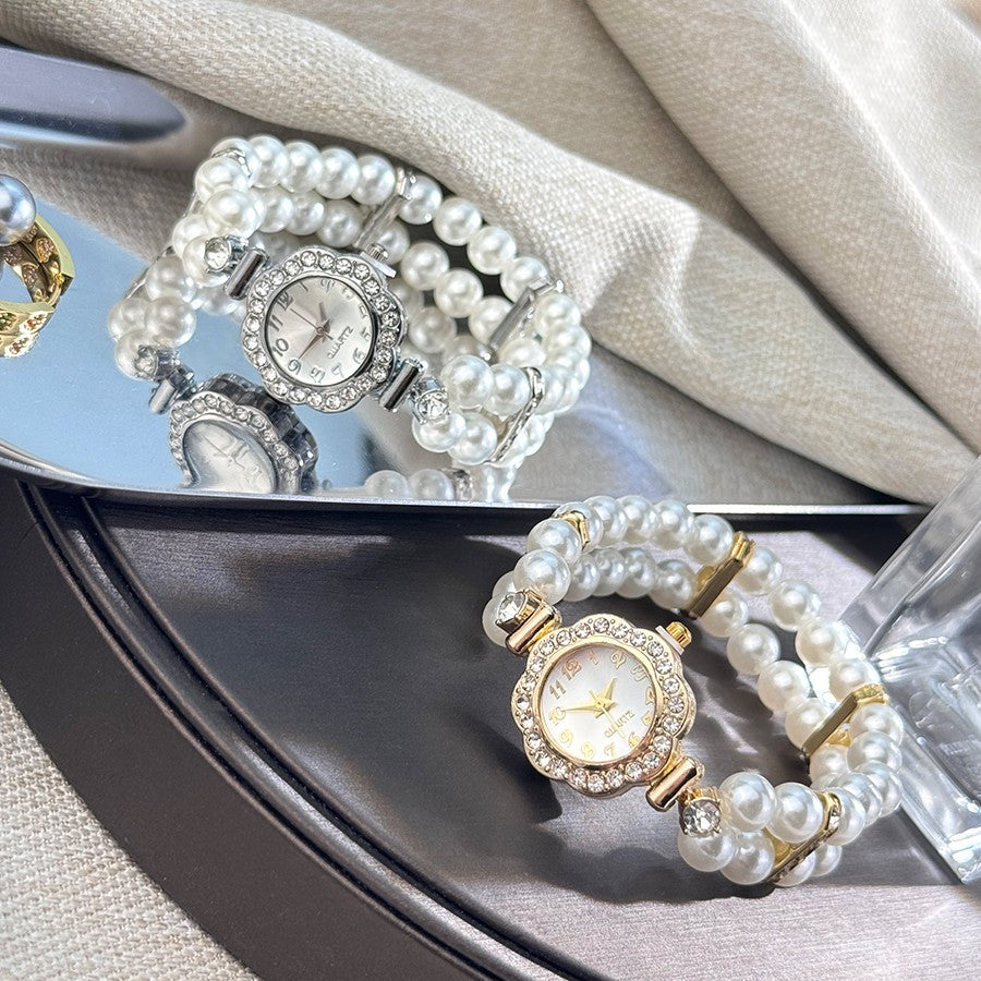 New ladies' double-row pearl diamond-encrusted elastic strap Arabic digital dial simple light luxury fashionable quartz watch