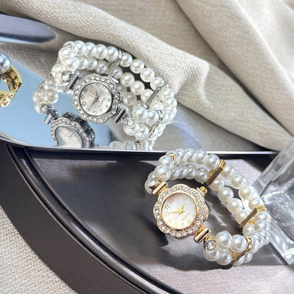 New ladies' double-row pearl diamond-encrusted elastic strap Arabic digital dial simple light luxury fashionable quartz watch