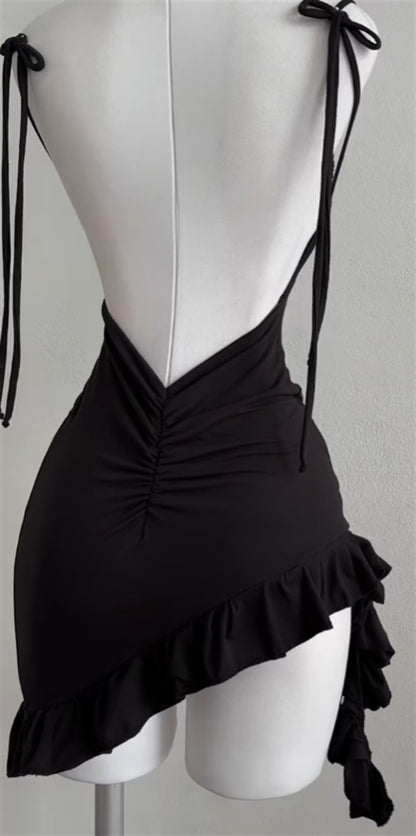Sleeveless Backless Ruffles Mini Dress Women Summer Y2K Lace Up Black Bodycon Dresses Party Club Streetwear 2025 New Sundress