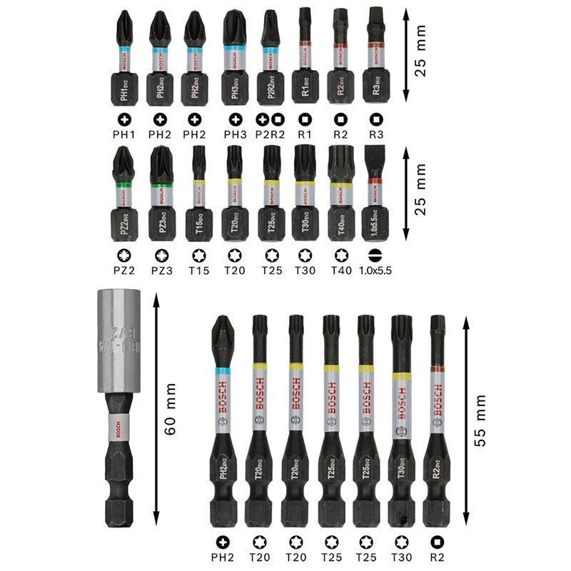BOSCH 2608521U75 Jogo de Pontas de Parafusadeira Pro Impact para Acessórios de Ferramentas Elétricas Robustas Extra Duras de 50x 24 peças