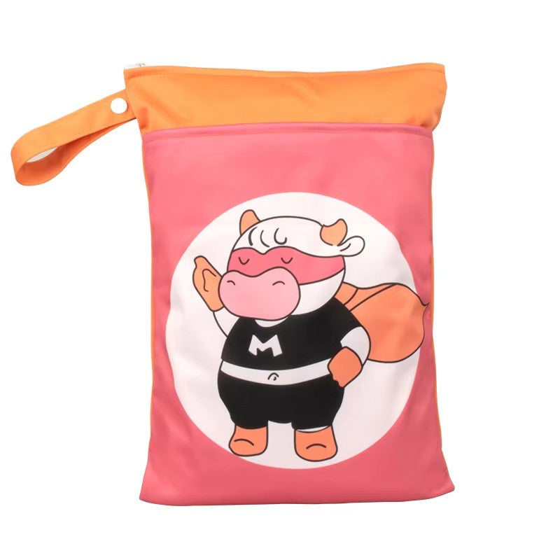 Washable PUL Waterproof Wet Dry Bag - Cute Print, 2 Pockets for Cloth Diapers, Travel, Beach, Pool & Gym| Toiletry Bag