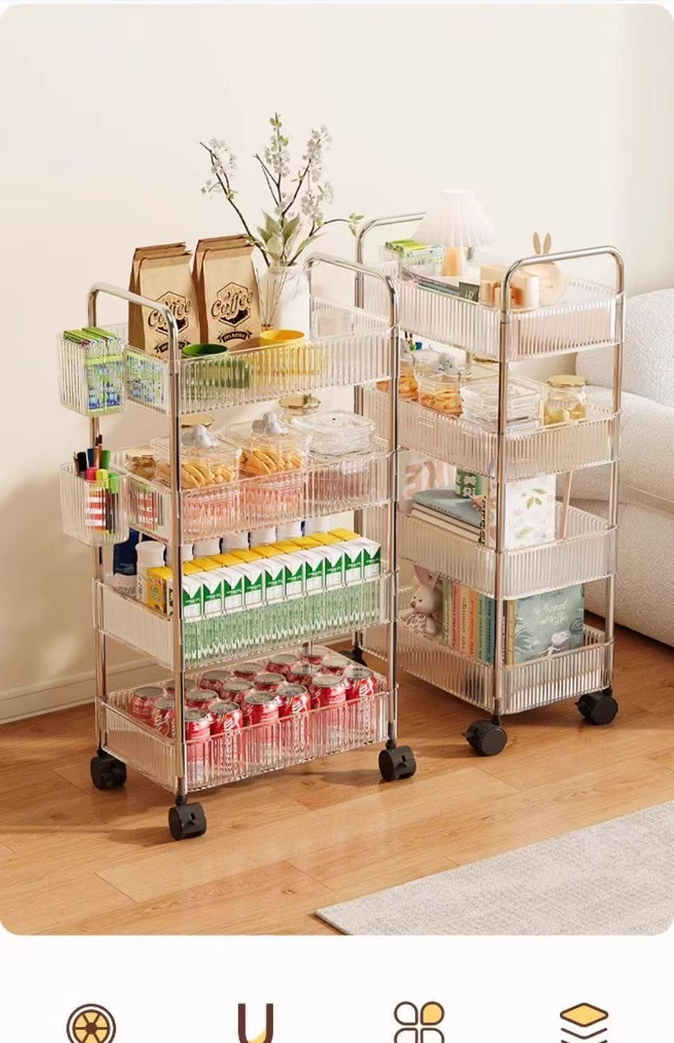 Prateleira de armazenamento móvel para banheiro para lanches, brinquedos e cosméticos multi-camadas, carrinho pequeno transparente