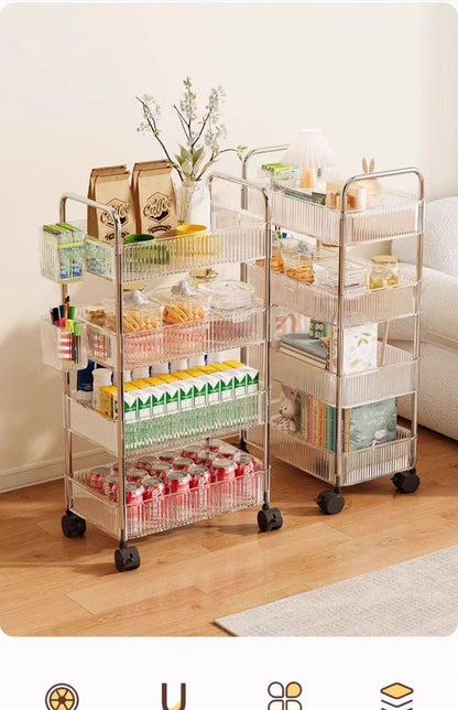 Prateleira de armazenamento móvel para banheiro para lanches, brinquedos e cosméticos multi-camadas, carrinho pequeno transparente