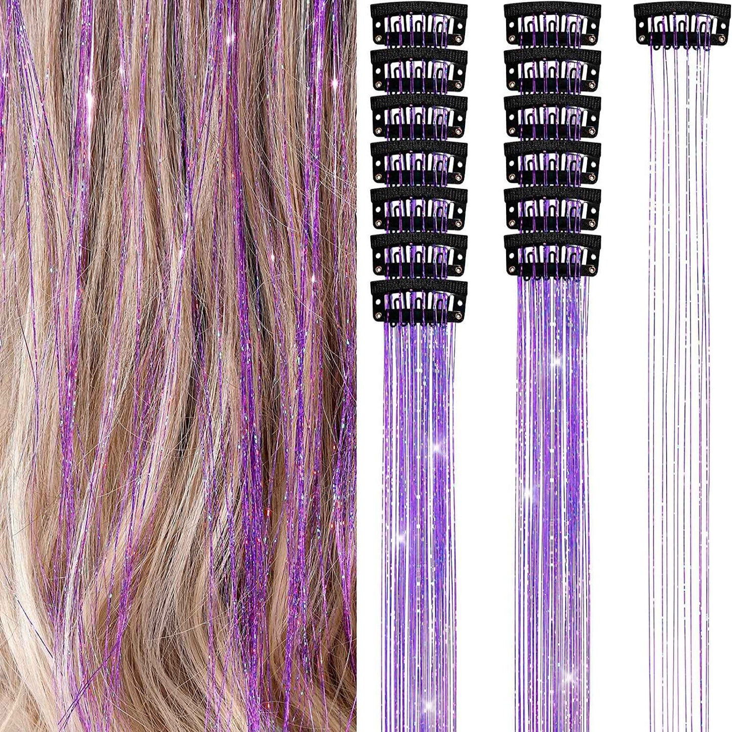 6 peças de extensões de cabelo brilhantes de 50 cm, extensões de cabelo sintéticas, presilhas de cabelo para trançar, chapéus femininos