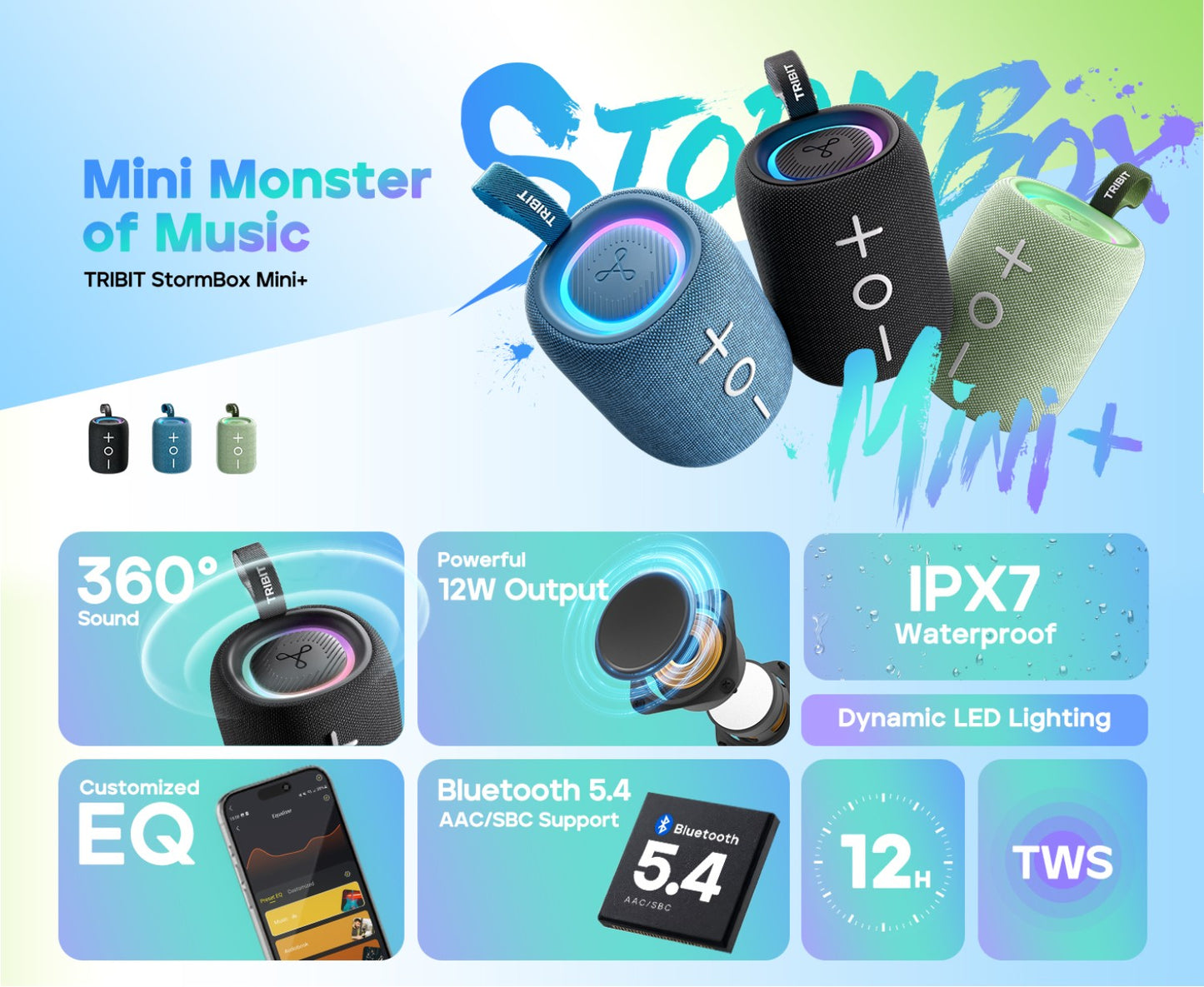 Caixa de Som Bluetooth TRIBIT StormBox Mini+ 12W, Som 360° Com XBass, LEDs, 12 Horas de Bateria, IPX7 À Prova D'Água Para Caminhadas e Uso Exterior