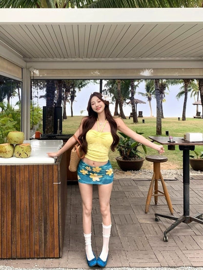 French Drawstring Blue Floral Tube Top Women Separate Swimwear Set Coastal Summer Vacation Beach Holiday Swimsuit for Girl