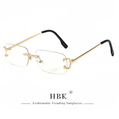 HBK Retro Rimless Sunglasses For Women Men Small Square Gold Frame Brand Design Tea Shades Rectangle UV400 Zonnebril Eyewear