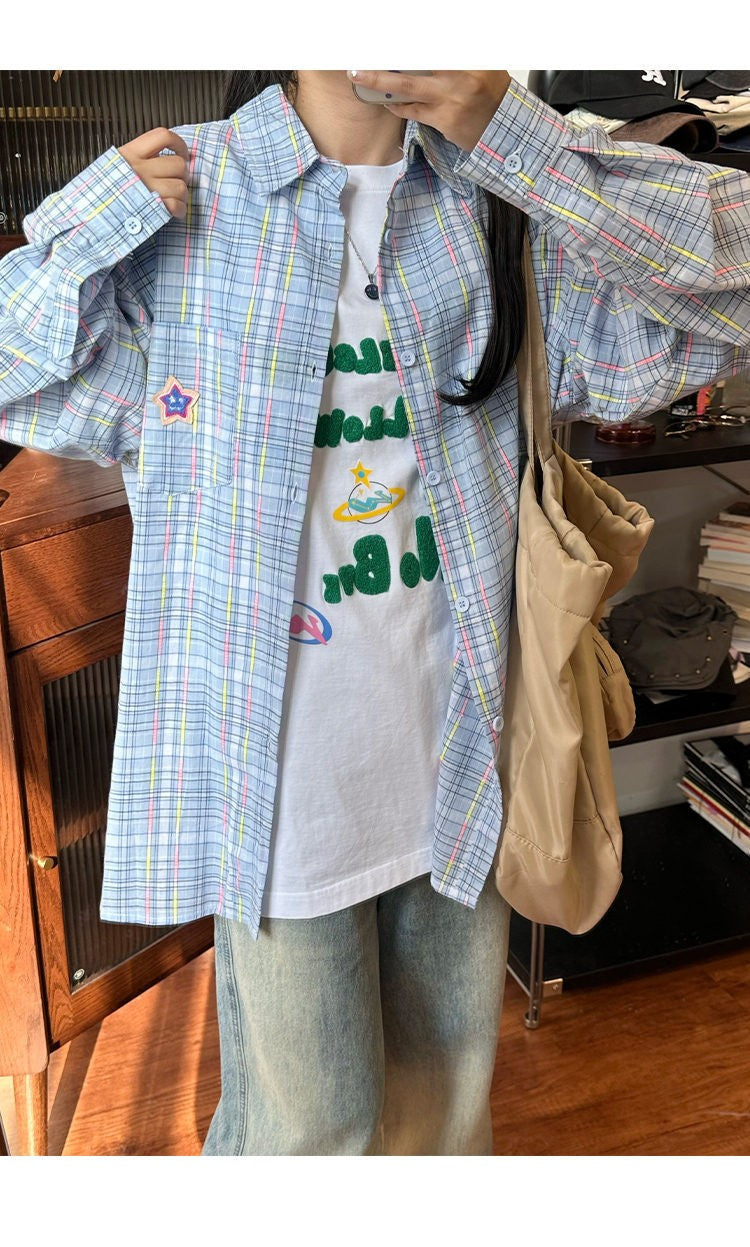 Ice Blue Plaid Long Sleeve Shirt Unisex Premium Cleanfit Denim Fabric V-neck Open Cardigan Style Holiday Vibes Short Length