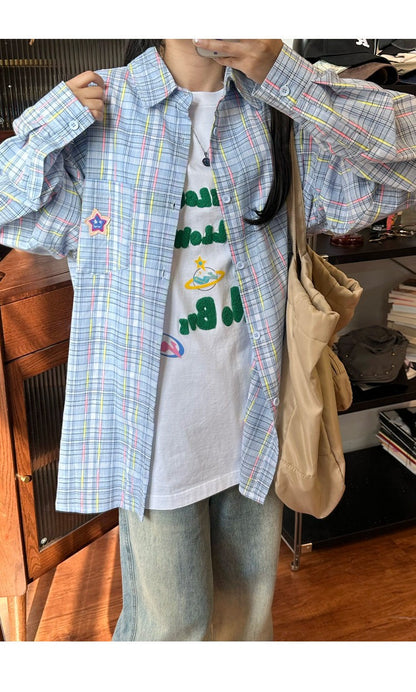 Ice Blue Plaid Long Sleeve Shirt Unisex Premium Cleanfit Denim Fabric V-neck Open Cardigan Style Holiday Vibes Short Length