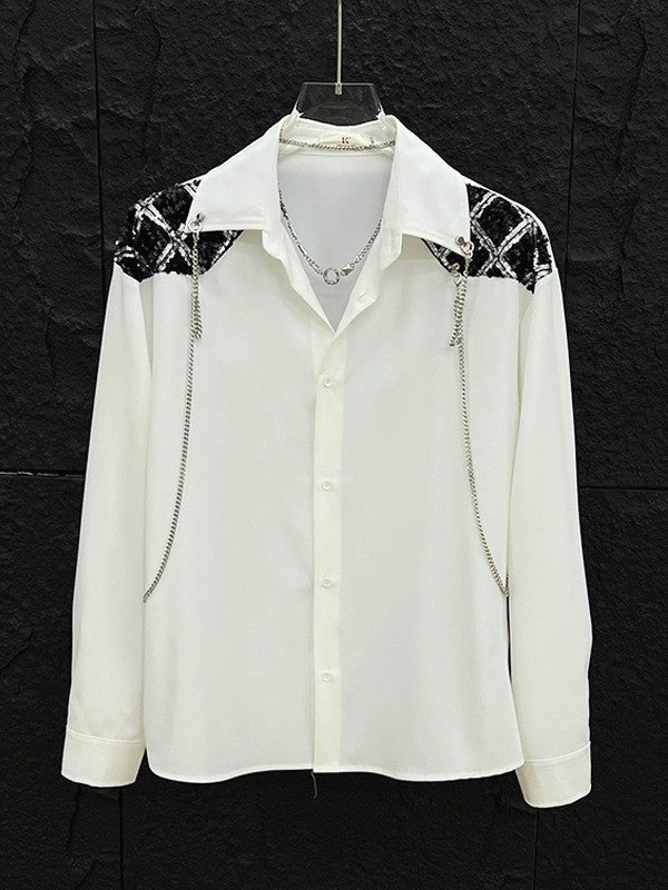New high-end personalized metal chain design for men's long sleeved patchwork loose sequined shirt