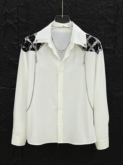 New high-end personalized metal chain design for men's long sleeved patchwork loose sequined shirt