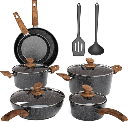 Conjunto de Panelas e Frigideiras Antiaderentes, 12 Peças em Granito Verde Compatíveis com Indução, Conjunto de Panelas para