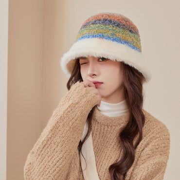 New Warm Luxury Bucket Hat For Women Plush Patchwork Autumn Winter Wool Felt Stripe Large Bucket Hat Colorful Faux Fur Hat Cap