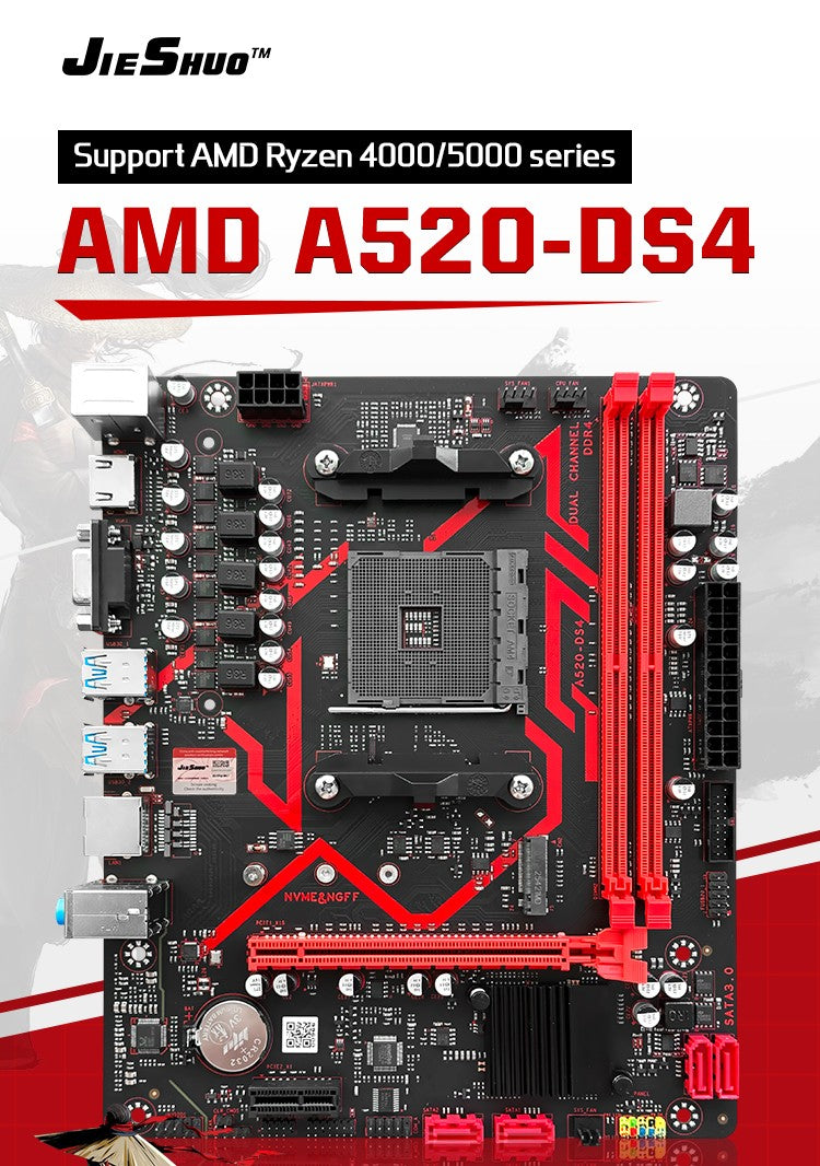 JIESHUO A520M Motherboard CPU Set AM4 Ryzen Kit with Processor Dual Channel DDR4 3200MHz Cooler Support M.2 NVME 4*SATA3.0 WIN11