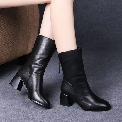 2024 New Women Versatile Leather Boots Fashion antislip high heels female Casual comfortable boot External Wear Trendy shoes