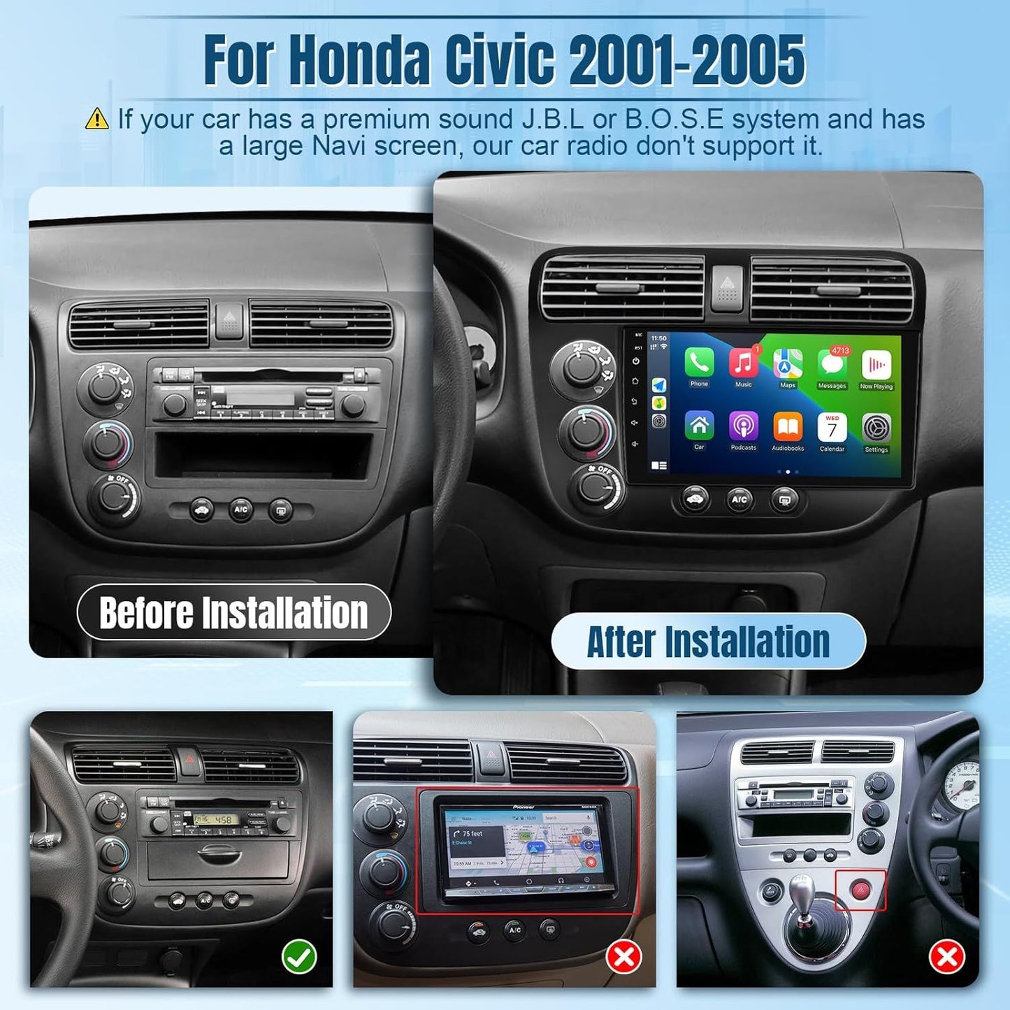 9" Wireless Car Radio for Honda Civic 2001-2005 HD Touchscreen CarPlay Android Auto Car Video Player with GPS WiFi Backup Camera