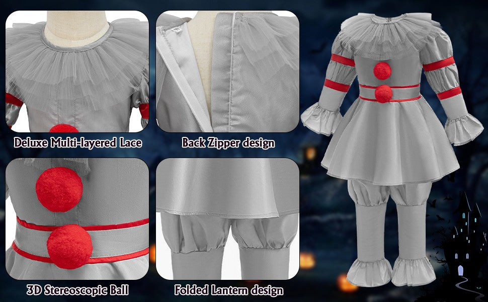 Kids Scary Joker Pennywise Cosplay Costume Horror Ghost Movie It Puff Sleeve Tulle Collar Top With Pants For Halloween Carnival