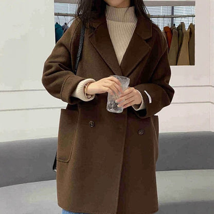 Plus Size Double-Sided Woolen Jacket Women's Midi Length Single-Breasted Loose Fit Fashionable Korean Style Suit Collar Macar...