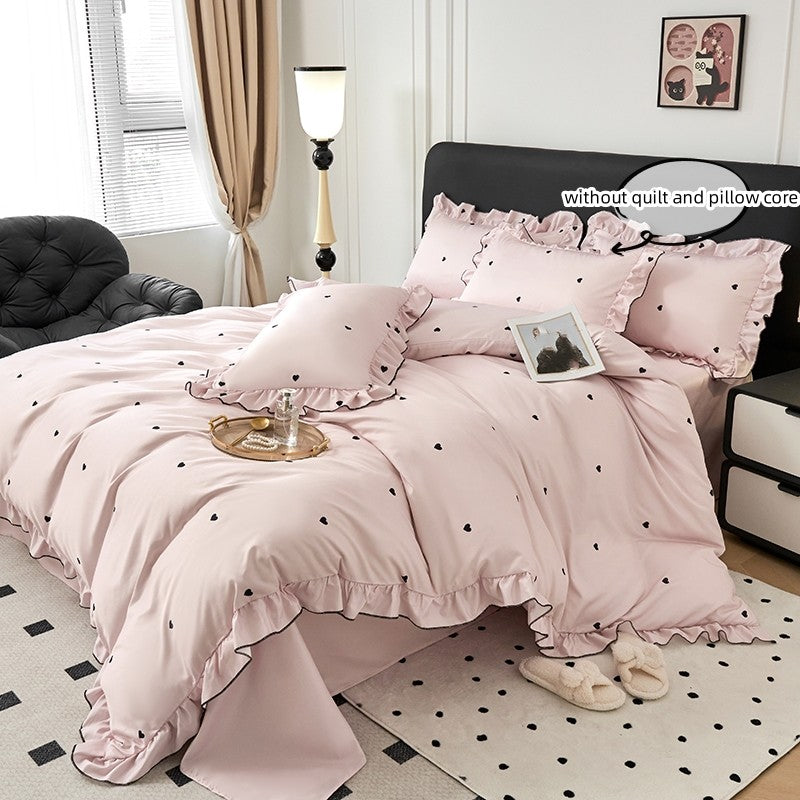 Conjunto de capa de edredom coreana de renda 3 peças (1*Capa de Edredom + 2*Fronhas, Sem enchimento), Conjunto de cama com estampa de bolinhas pretas