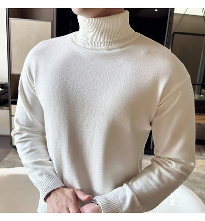 Korean Fashion Autumn Winter Sweaters Men Pullovers Fleece Turtleneck Knitted Sweatshirt Warm Bottoming Shirts