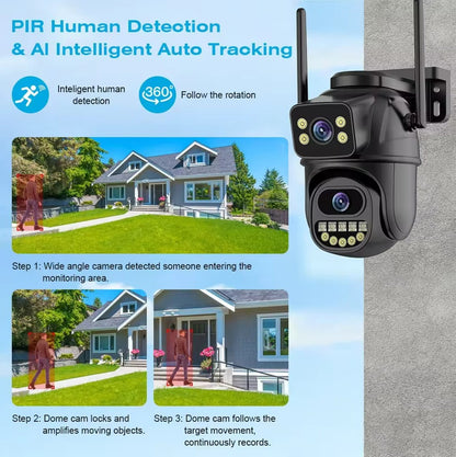 Câmera de vigilância WiFi 4K 8MP, detecção humana por IA, lente dupla, zoom digital 4X, câmeras IP PTZ de segurança externa