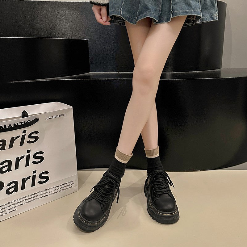 Womens Derby Shoes Autumn British Style Female Footwear Loafers With Fur Round Toe Clogs Platform Casual Sneaker Leather Fall Pr