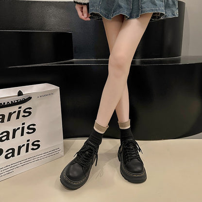 Womens Derby Shoes Autumn British Style Female Footwear Loafers With Fur Round Toe Clogs Platform Casual Sneaker Leather Fall Pr