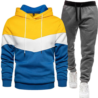 Autumn Winter Men's Color Block Hooded Sports Suit