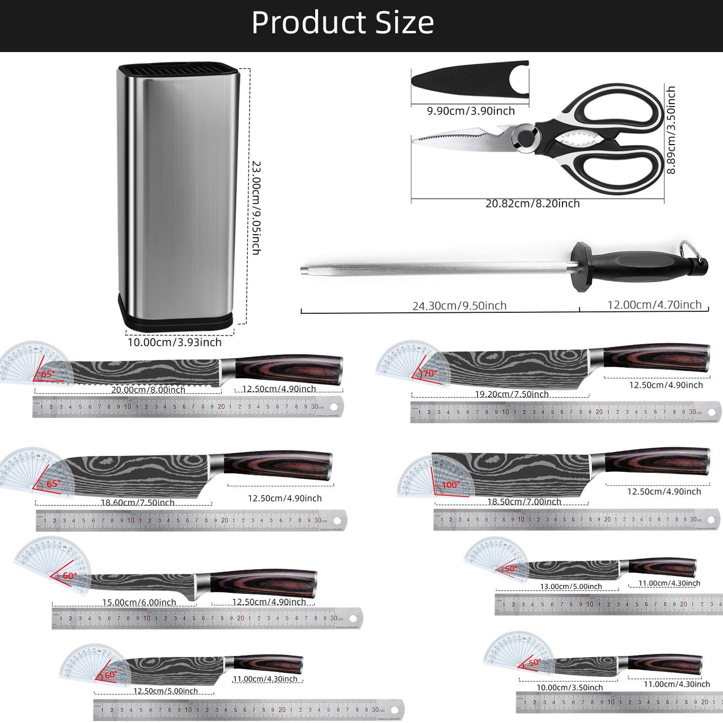 Conjunto de Facas Japonesas com Bloco e Amolador de 8 polegadas, Facas de Cozinha de Aço Damasco a Laser com Tesoura de Cozinha e Cabo de Madeira