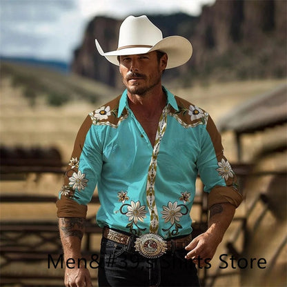 Vintage Men's Shirt 3D Printing Western Cowboy Shirt Casual Fashion Daily Vacation Long Sleeve Shirt Hawaiian Men's Clothing