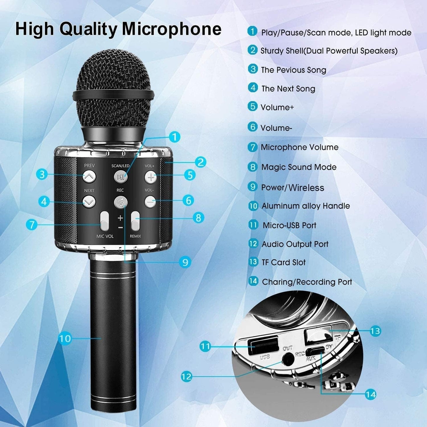 Microfone de Karaokê para Adultos, Microfone Bluetooth Sem Fio para Cantar Máquina de Karaokê Portátil com Luzes LED
