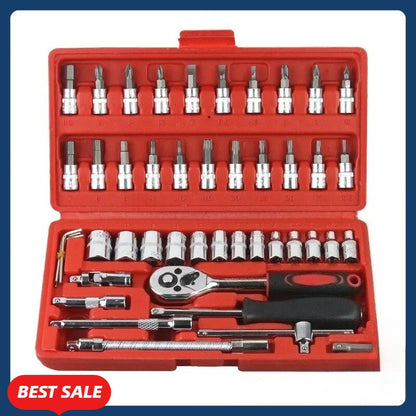 Jogo de Ferramentas para Carro Mecânico 46 Peças Kit Soquete de 1/4 Pol. com Chave Catraca de Torque - Combo para Reparo Automotivo