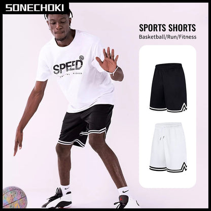 Knee Length Basketball Shorts Men Striped Loose Running Sport Gym Dry Fit Mesh Breathable Fitness Training Workout Bottom Male