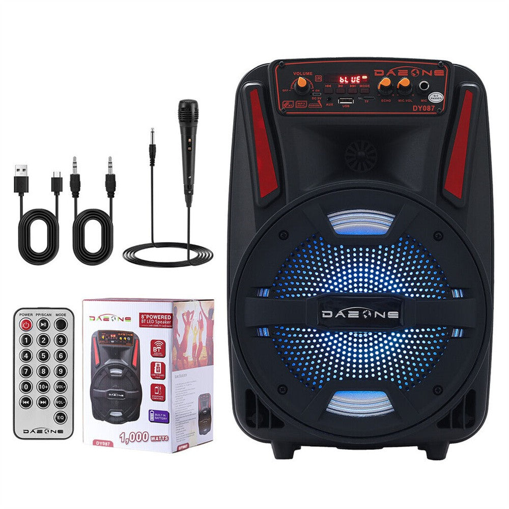 1000W Portable Bluetooth Speaker 8" Subwoofer Heavy Bass Sound System Party With Remote and Mic Led Light DJ karaoke Speaker