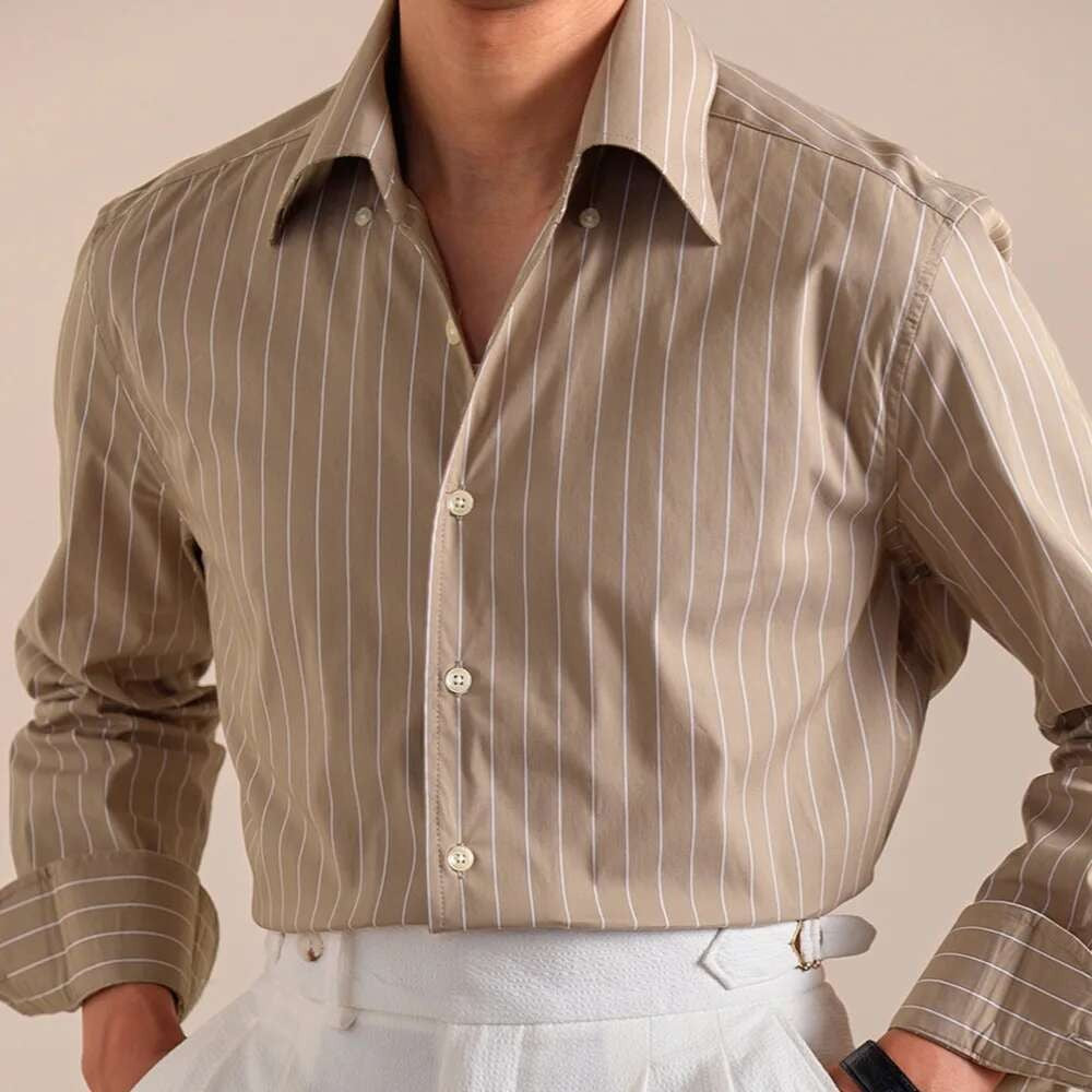 Cotton Blend Striped Casual Italian Style One Piece Collar Long Sleeved Shirt Men High Count Cotton Gentleman Business Shirt Men
