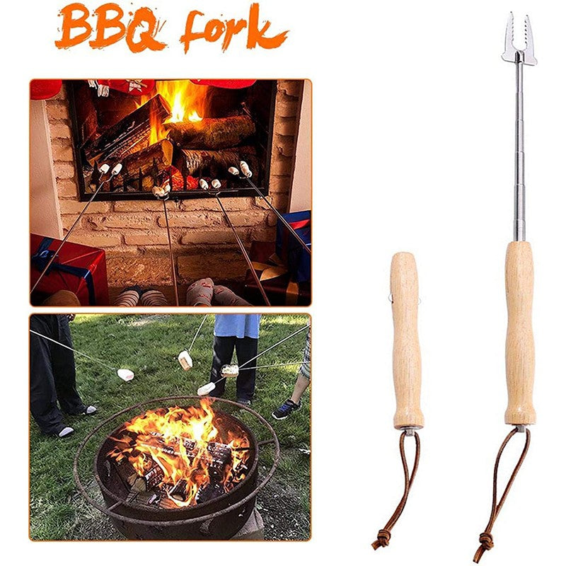 80Cm Barbecue Skewers Stainless Steel Wooden Handle Long Campfire Telescopic Extendable BBQ Fork Barbecue Accessories